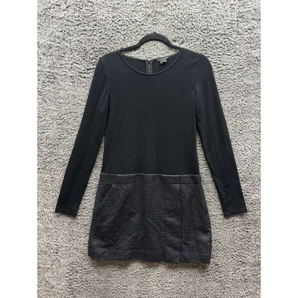 Theory Bowmont Wool Tweed Crew Neck Long Sleeve Mini Dress Black Womens Size 4
